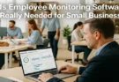 Small business team using employee monitoring software dashboard for productivity analytics.