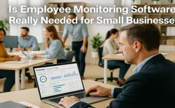 Small business team using employee monitoring software dashboard for productivity analytics.