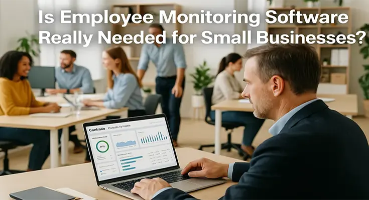Small business team using employee monitoring software dashboard for productivity analytics.